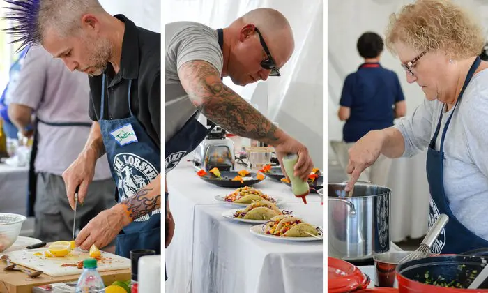 Left: Maine Lobster Festival Cooking Contest 2019 third place: Justice Yanik and his Trio of Ceviche; Center: 2019 Maine Lobster Festival Cooking Contest 4th Place Bobby Elliott for Tacos De Pescado; Right: 2019 Maine Lobster Festival Cooking Contest 1st Sue Jobes for Lobster & Scallop Corn Chowder